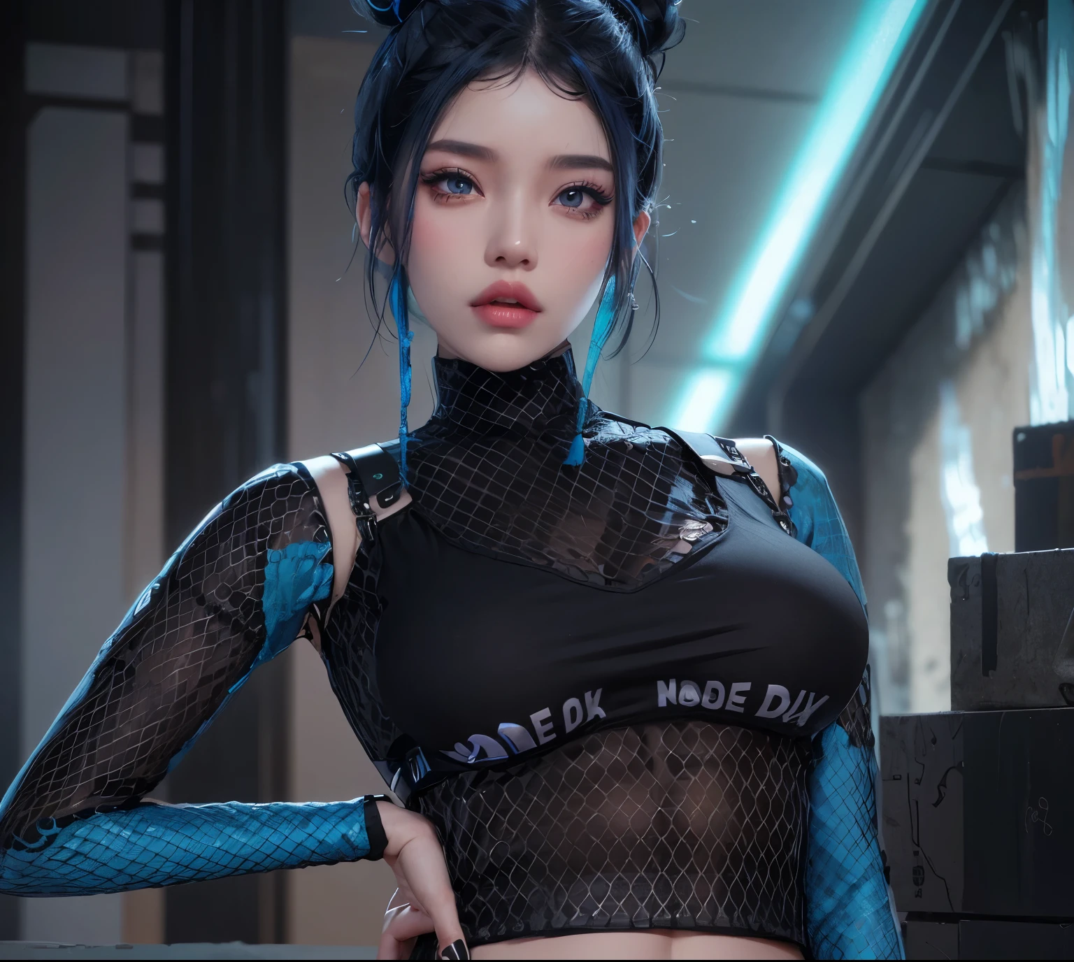 AVATAR SECOND LIFE Korean girl wearing black top, hair blue, hair blue, hair blue, Asian, Perfect and detailed face, imvu, maximalist details, AVATAR SECOND LIFE Korean blusa , neon