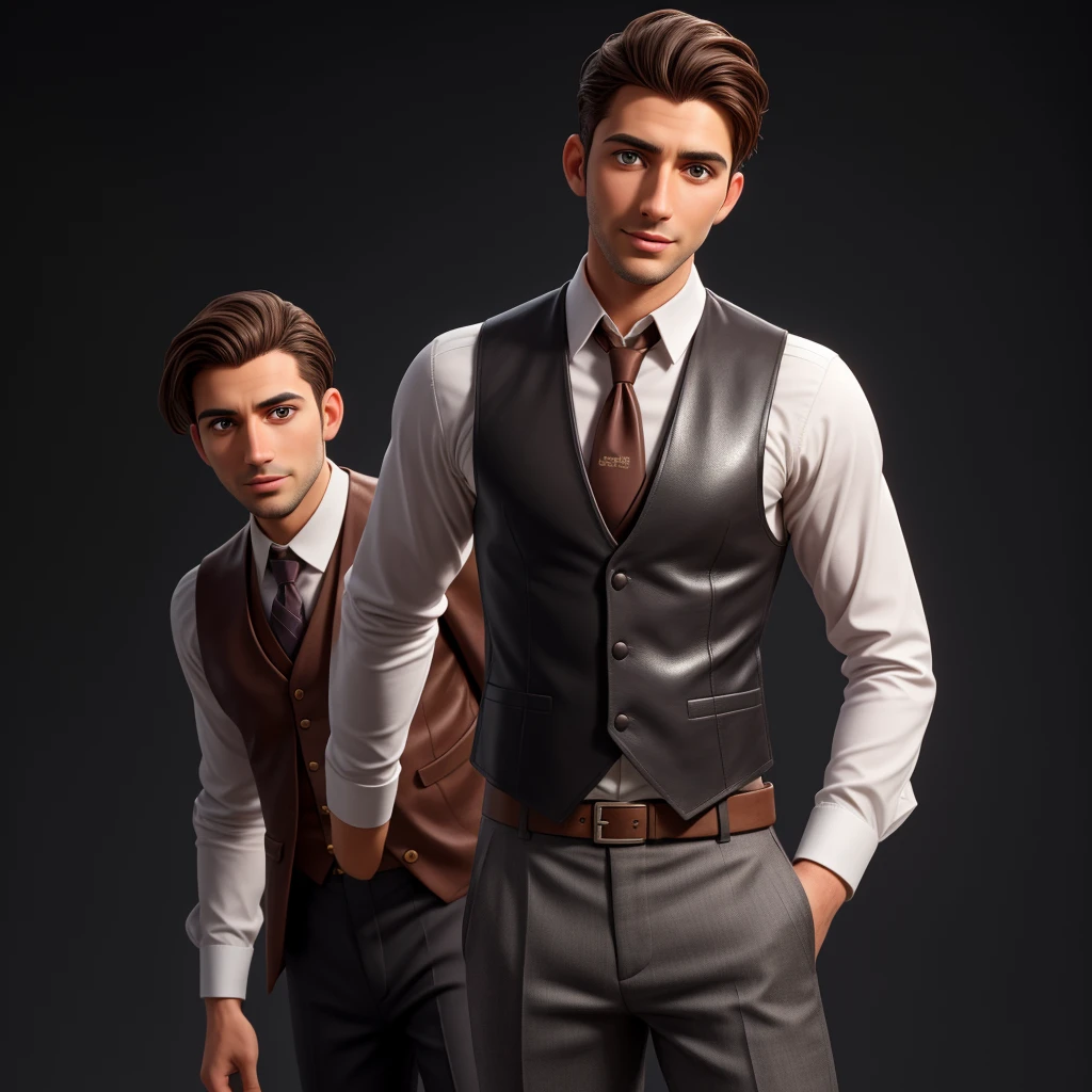 An incredibly handsome and attractive young man in his 30s with short dark brown hair and light brown eyes, angular jaw, box face, barba mediana, tall and thin, using a shirt, leather waistcoat, Cowboys & Boots. Dark gray background and studio lighting, yearbook pose, Close-up of character, head portrait of the character, Close-up of character.