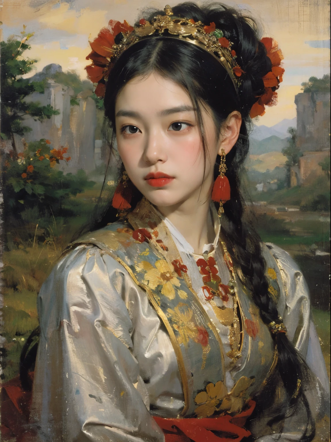 Best quality,masterpiece,(Oil painting:1.5),A lady with long black hair,Exquisite facial features,Headgear,Sitting in front of a Chinese landscape painting,Red Dress,(Amy Saul:0.248),(Stanley Liu:0.106),(A detailed painting:0.353),(Renaissance classical oil painting style:0.8)