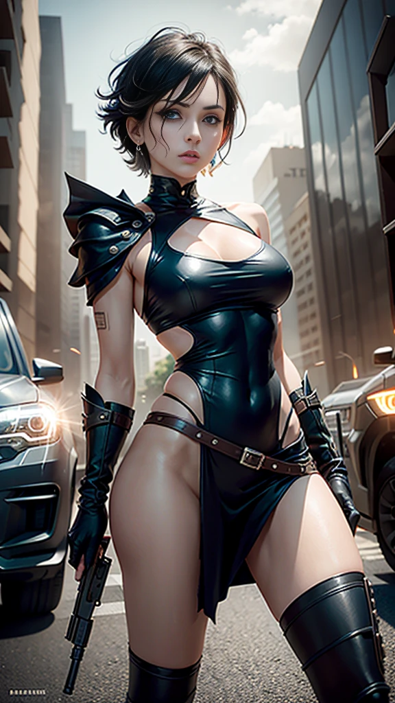 A lone woman stands in the midst of a chaotic scene, her short hair blowing in the wind as she holds a gun with a steady hand. Her piercing blue eyes lock onto the viewer, daring them to challenge her. She wears black gloves and earrings, adding a touch of elegance to her otherwise rugged appearance. In the background, a ground vehicle speeds by, adding to the sense of urgency and danger.