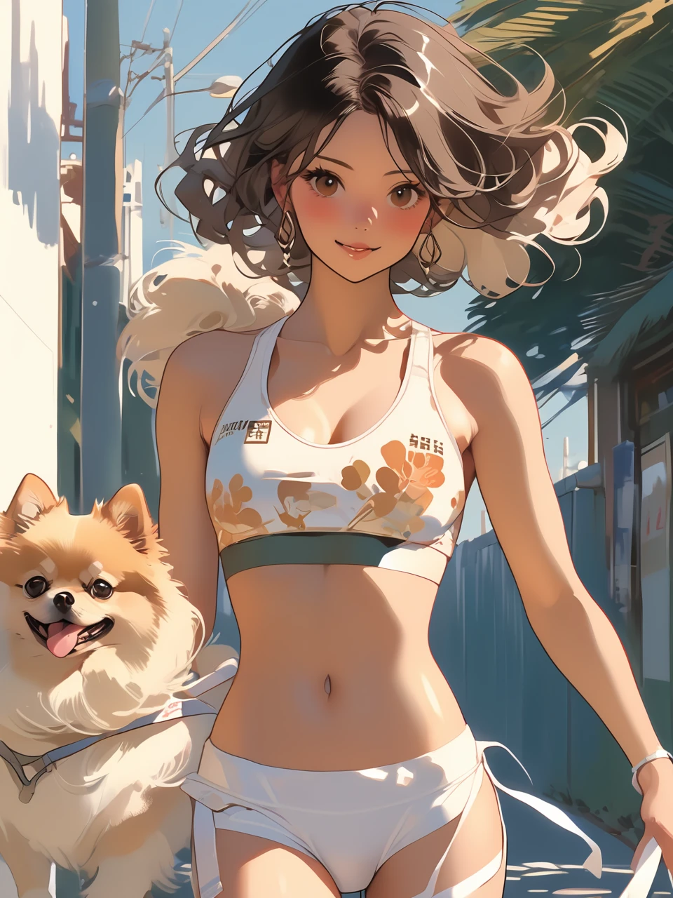 Sexy athlete in sport bra walking with a Pomeranian. Style by J.C. Leyendecker. Style by Makoto Shinkai