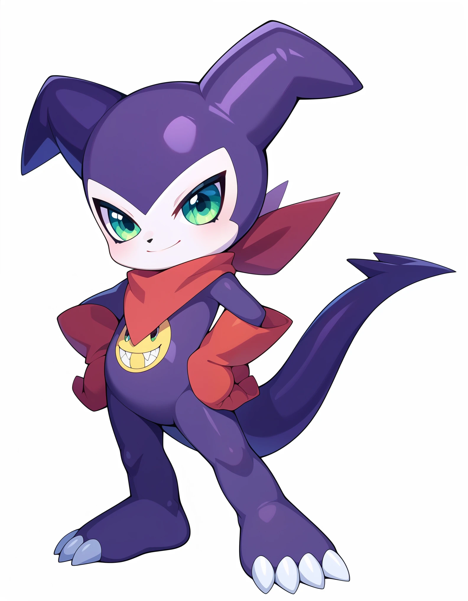 score_9, score_8_up, score_7_up, score_6_up, source_furry, solo, dof, full-length portrait, feral, white background, impmon, shortstack, digimon (creature)