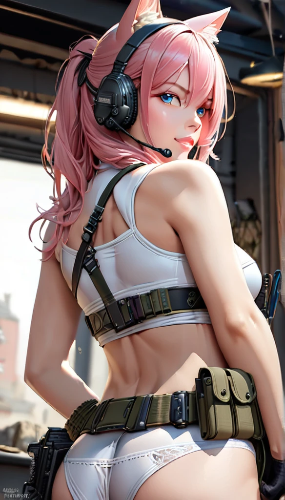 (Beautiful mercenary girl: 1.5), beautiful girl, Beautiful face, sexy girl, young girl, 13 years, pink hair, Blue eyes, Beautiful smile, long hair, straight hair, big breasts, very thin waist, wide hips, gap between the thighs, (She's wearing a white top, short top, tight top), without pants, (micro panties), Very tight panties, (Tango panties), (is: 5.5), Military jacket, wear a headset with cat ears, belt with many pockets, combat belt, leg holster, tactical gloves, Вид behind, behind, looking behind, (cowboy shot), Best quality, masterpiece, Ultra-realistic, Ultra detailed, 8 thousand.