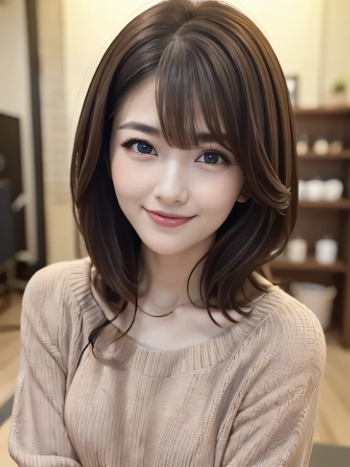 8k, RAW Photos, Highest quality, masterpiece, Facing the viewer、(A close-up photo focused on the face from the front:1.4)、One Japanese woman、28-year-old housewife、Perfect Makeup、Dark eyeliner、Red eyeshadow、Glossy dark pink lips、Big Laugh、Symmetrical eyes、Clear Eyes、Highly detailed eyes、Highly detailed face, Fine skin, (A tight plain T-shirt)、Sharp focus, Blurred Background、Shiny light brown hair、Perfect studio lighting、Watching the audience、