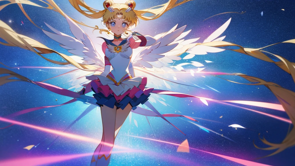 masterpiece,best quality,highly detailed,1girl,solo,blush, hologram,holographic body, dynamic pose,holographic dress, eternal sailor moon, disintegrate effect, from below, big breast, wind blowing, decef