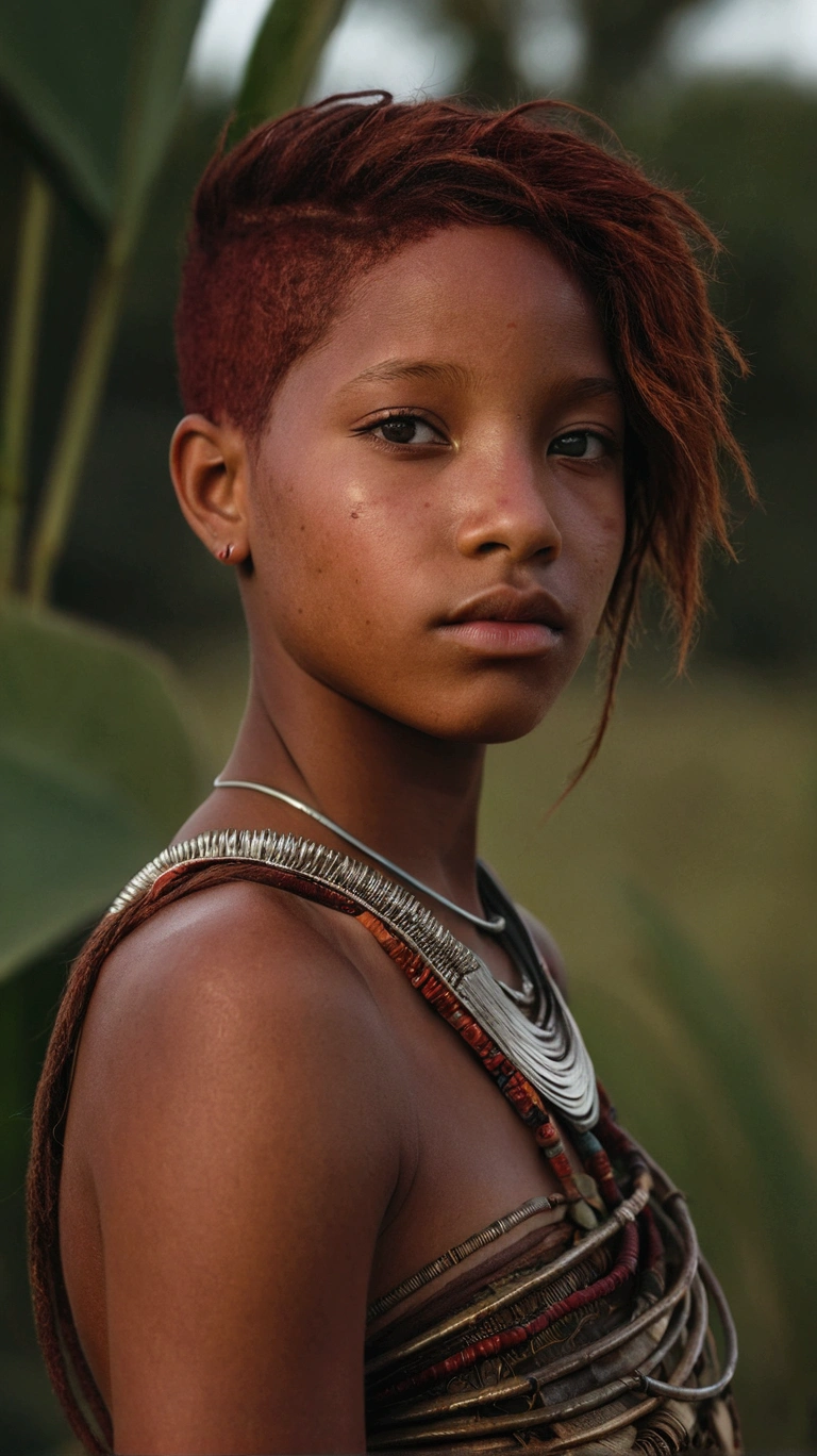 arafed femme aux cheveux rouges et un collier debout dans un champ, portrait de Willow Smith, Adolescente Himba futuriste, portrait, saule, forgeron, soft portrait 8k, portrait 8k, asiatique du sud-est avec visage rond, fille indienne à la peau brune, gros plan, portrait, Images de portrait latérales, elle a la peau brun olive, jeune femme futuriste himba