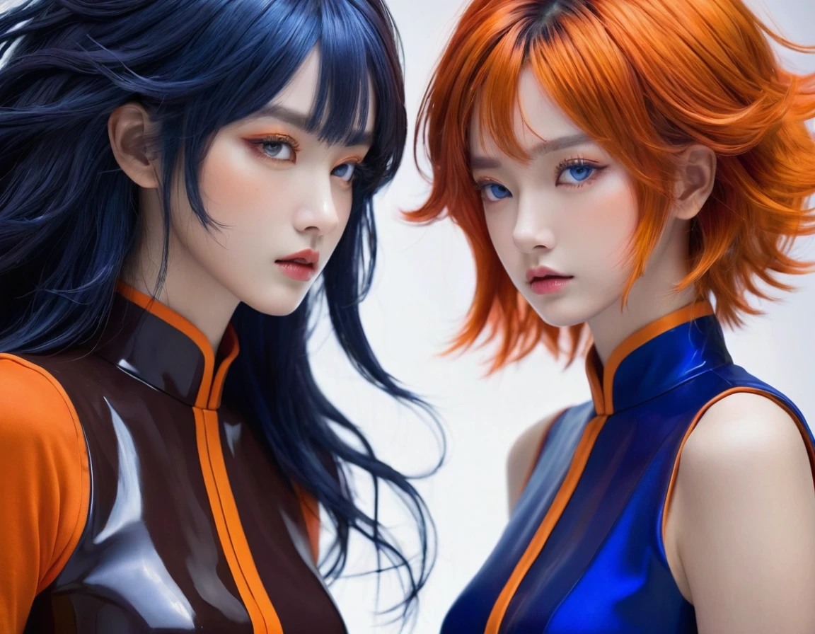 Two contrasting figures in one scene. Jasper with vibrant orange skin, shaggy hair of the same color and a crystalline dark brown uniform with red details, displaying an imposing posture and intense expression. from beside, Lazuli pencil with deep blue skin, fluid and sparkling hair, and a light blue dress that flows smoothly, showing a melancholy and introspective expression. The two characters must reflect the contrast between strength and fragility