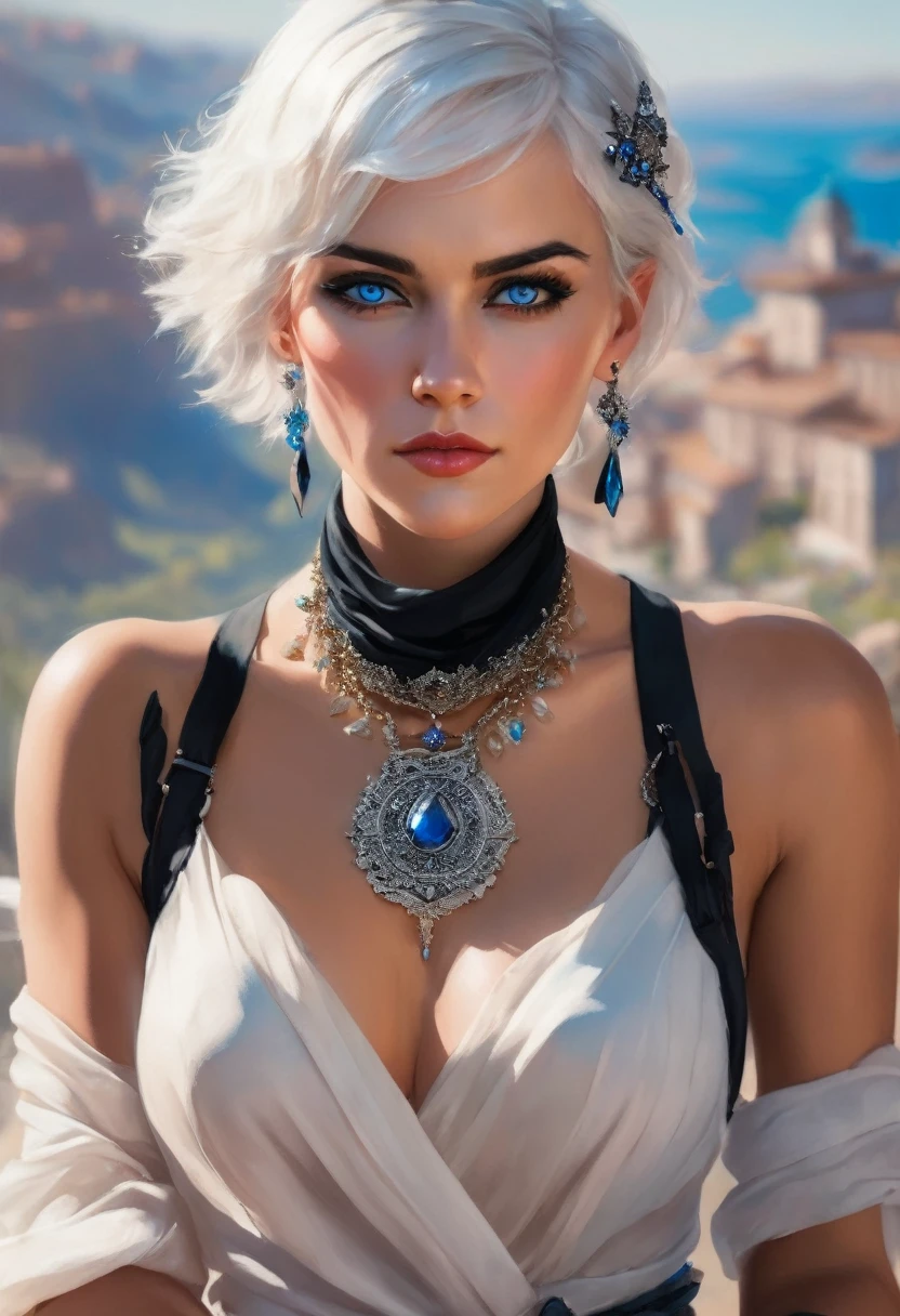 A fierce woman with short white hair and piercing blue eyes sits outdoors, her black gloves gripping a weapon as she stares directly at the viewer. Her lips are slightly parted, revealing a hint of danger as she holds her ground against a blurry background. She wears elegant jewelry and a scarf, adding a touch of sophistication to her otherwise intense appearance.