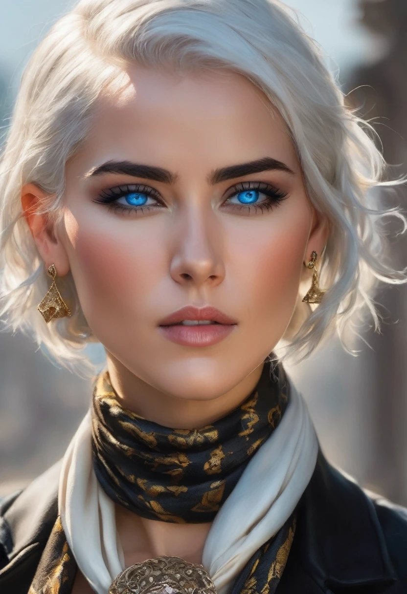 A fierce woman with short white hair and piercing blue eyes sits outdoors, her black gloves gripping a weapon as she stares directly at the viewer. Her lips are slightly parted, revealing a hint of danger as she holds her ground against a blurry background. She wears elegant jewelry and a scarf, adding a touch of sophistication to her otherwise intense appearance.