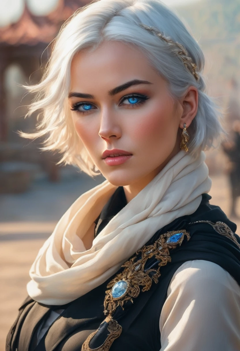 A fierce woman with short white hair and piercing blue eyes sits outdoors, her black gloves gripping a weapon as she stares directly at the viewer. Her lips are slightly parted, revealing a hint of danger as she holds her ground against a blurry background. She wears elegant jewelry and a scarf, adding a touch of sophistication to her otherwise intense appearance.