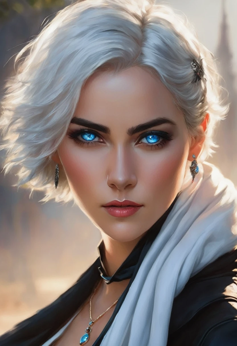 A fierce woman with short white hair and piercing blue eyes sits outdoors, her black gloves gripping a weapon as she stares directly at the viewer. Her lips are slightly parted, revealing a hint of danger as she holds her ground against a blurry background. She wears elegant jewelry and a scarf, adding a touch of sophistication to her otherwise intense appearance.