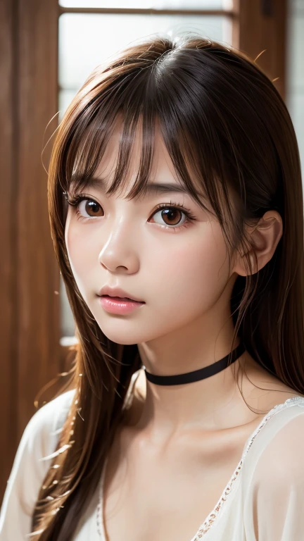 Highest quality, Face Focus, Soft Light, Ultra-high resolution, (Realistic:1.4), RAW Photos,
1 Japanese girl, alone, cute, (pupil, light in your eyes), Beautiful face in every detail, (),(High resolution detail of human skin texture),
(Long Hair)、Please raise your hand、Hands touching chin、Black choker、
indoor,
camisole,From below、
(Portraiture)