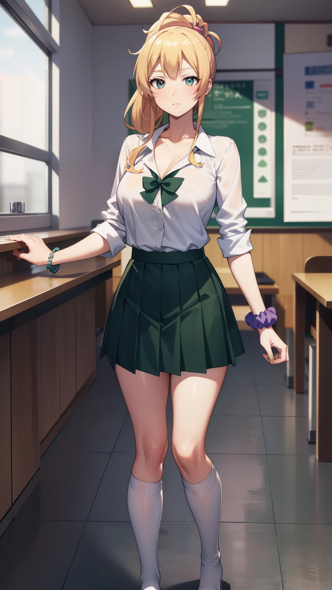 yukanayame, yukana yame, long hair, bangs, blonde hair, hair between eyes, (green eyes:1.5), ponytail, multicolored hair, scrunchie, high ponytail, lipstick, gyaru, kogal, makeup,
BREAK skirt, shirt, jewelry, , collarbone, white shirt, pleated skirt, collared shirt, miniskirt, bracelet, green skirt,
BREAK looking at viewer, full body,
BREAK indoors, classroom, standing, stand up,
BREAK (masterpiece:1.2), best quality, high resolution, unity 8k wallpaper, (illustration:0.8), (beautiful detailed eyes:1.6), extremely detailed face, perfect lighting, extremely detailed CG, (perfect hands, perfect anatomy), full body overview