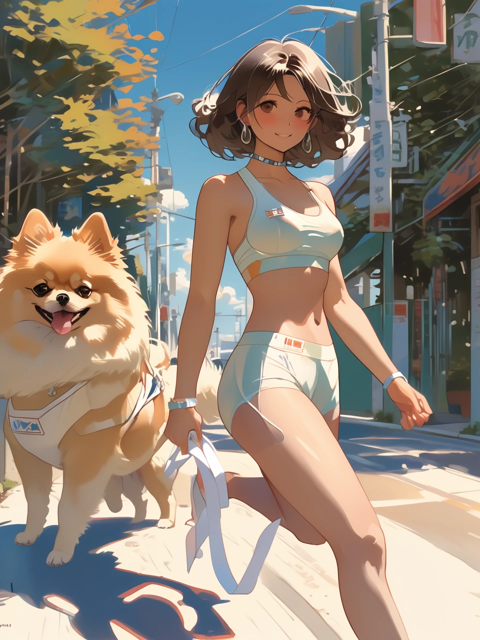 Sexy athlete in sport bra walking with a Pomeranian. Style by Makoto Shinkai. Style by J.C. Leyendecker. 