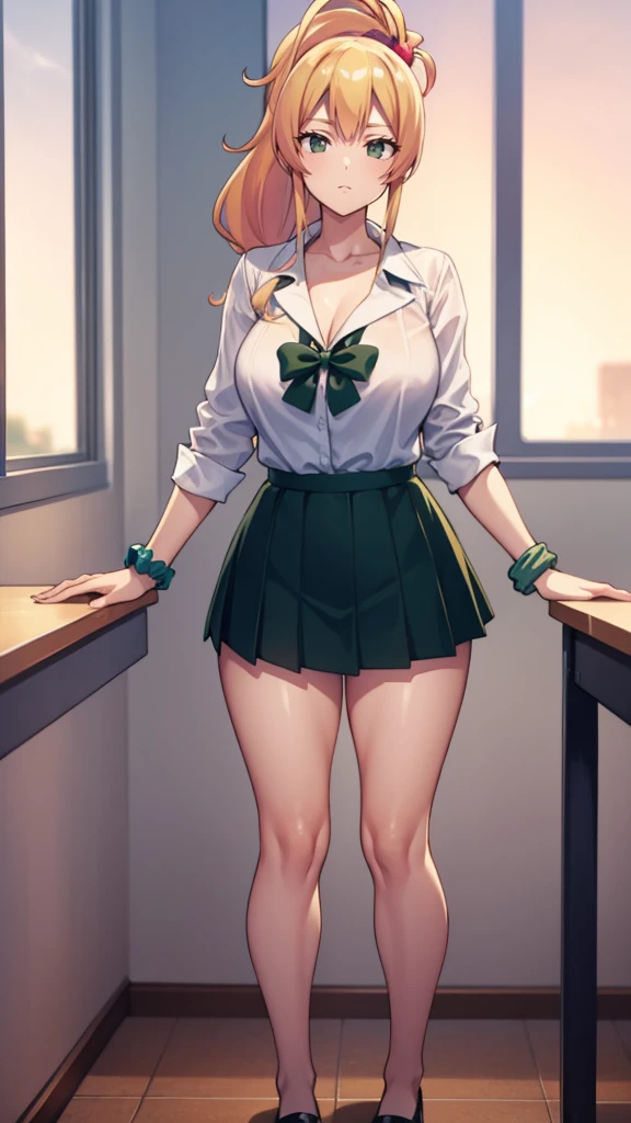 yukanayame, yukana yame, long hair, bangs, blonde hair, hair between eyes, (green eyes:1.5), ponytail, multicolored hair, scrunchie, high ponytail, lipstick, gyaru, kogal, makeup,
BREAK skirt, shirt, jewelry, , collarbone, white shirt, pleated skirt, collared shirt, miniskirt, bracelet, green skirt,
BREAK looking at viewer, full body,
BREAK indoors, classroom, standing, stand up,
BREAK (masterpiece:1.2), best quality, high resolution, unity 8k wallpaper, (illustration:0.8), (beautiful detailed eyes:1.6), extremely detailed face, perfect lighting, extremely detailed CG, (perfect hands, perfect anatomy), full body overview