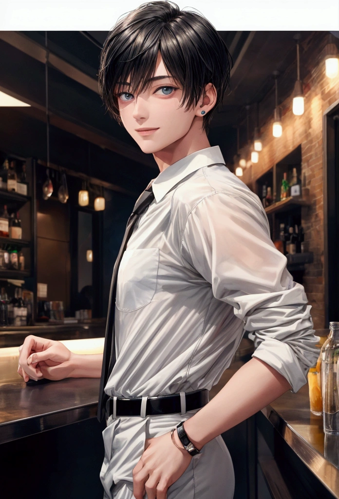 sex, masculine, Age 20 years, (Model,, (bestquality:1.2, 8k resolution, highres:1.2), ( handsome:1.4), White shirt, Short black hair, Good looking, Fair-skinned, Formal dress code, (On the road at night:1.4), nighttime, bar, dim lighting, deserted, HD 8k images, master-piece:1.2, A confident smile, Shapely,