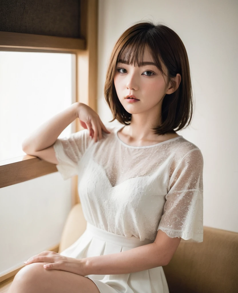 masterpiece, Best Quality, 8K, 1girl, 16 yo, Large breasts, Raw photo, Professional Photography, Portrait, Soft light, Professional Lighting, Solo, Full body, Smile, Cute, Girly, Goddess, Delicate girl, Neat and clean beauty, Digital SLR, Looking away, Candid, Sophisticated, Film grain, (Eyes and faces with detailed:1.0), short hair, Bangs swaying in the wind, Silk Blouse, living room,