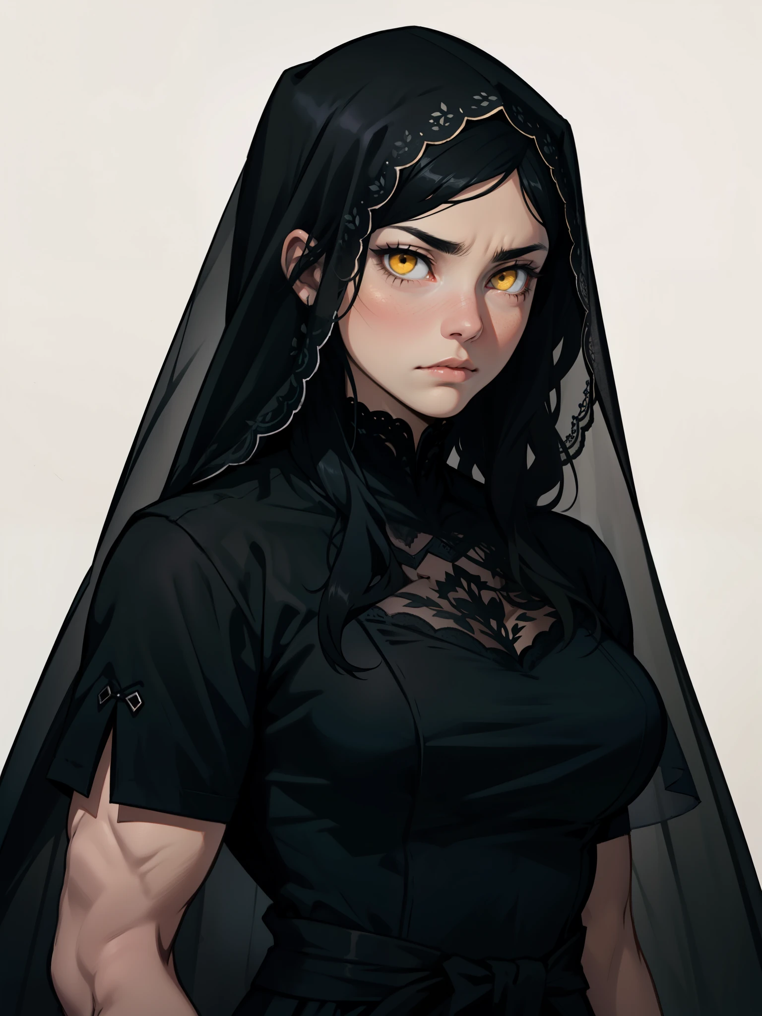 expressionless sad sad sad girl dark atmosphere veil black hair yellow eyes pale skin muscular girl large breasts traditional clothes lace fabric muscular toned body gloomy veil muscular cleavage