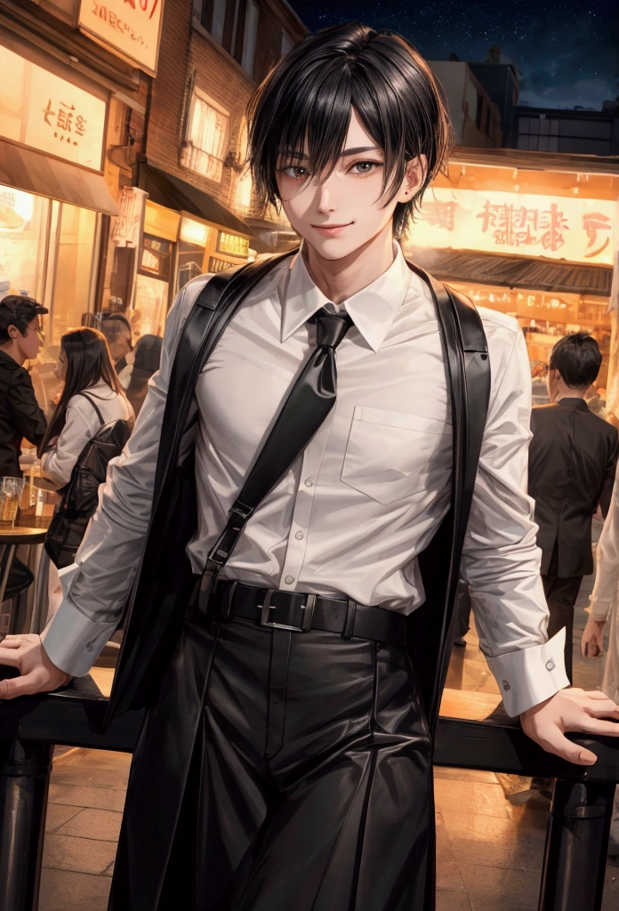 sex, masculine, Age 20 years, (Model,, (bestquality:1.2, 8k resolution, highres:1.2), ( handsome:1.4), White shirt, black hair, Good looking, Fair-skinned, Formal dress code, (On the road at night:1.4), nighttime, bar, dim lighting, deserted, HD 8k images, master-piece:1.2, A confident smile, Shapely,