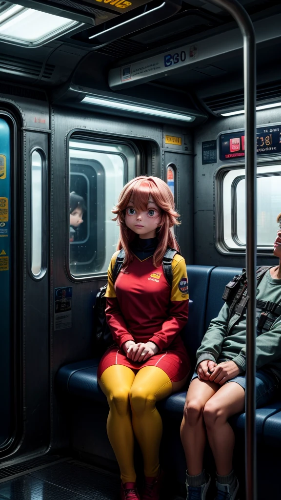 A wide-angle shot of the subway car, with Mia sitting alone in the middle of the frame. She is surrounded by several aliens, all of whom appear sad and lost in their own thoughts. The subway interior is typical but futuristic, with seats, handrails, and dim lighting. The scene captures the melancholic atmosphere, highlighting the contrast between Mia and the alien passengers.