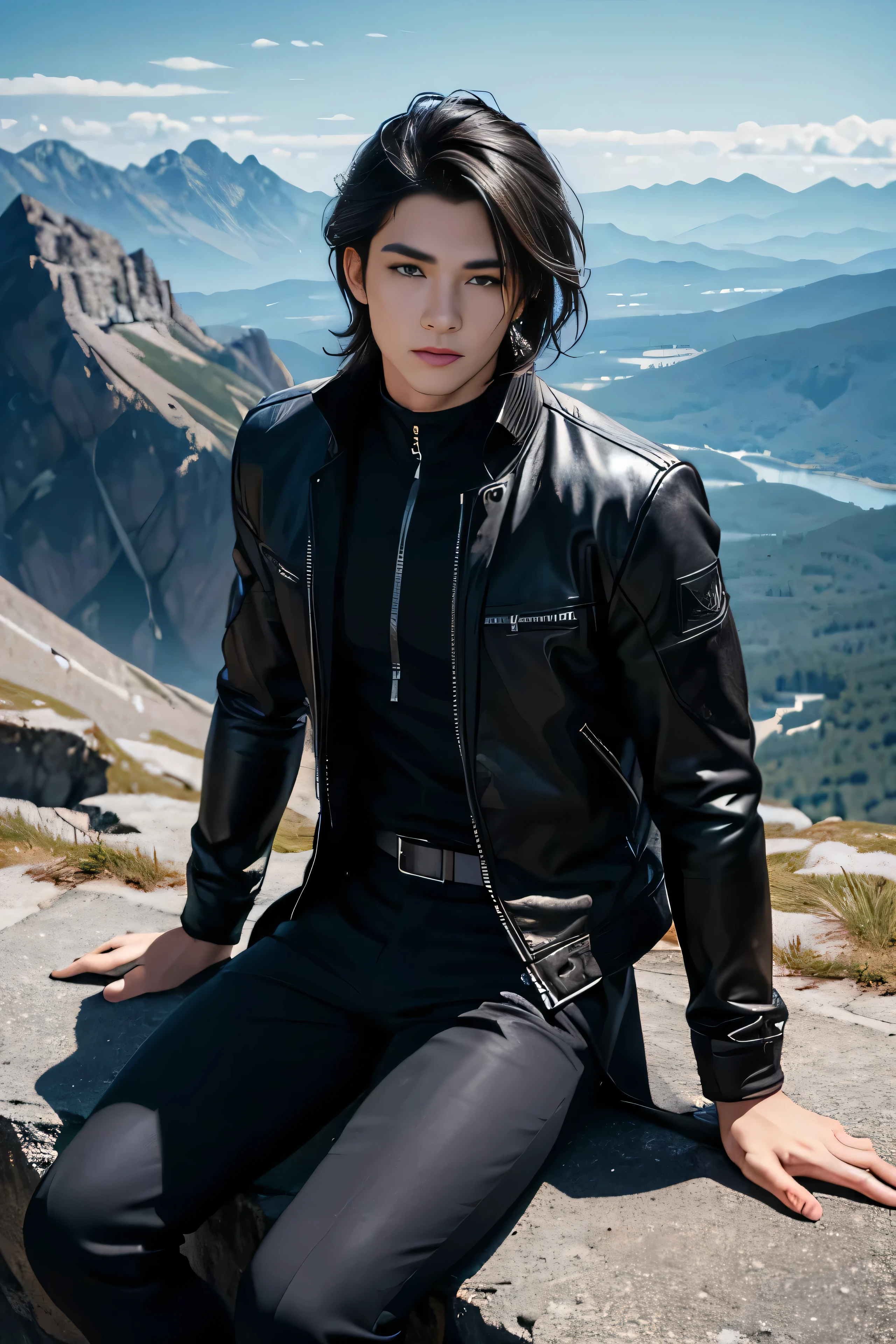 Best quality, masterpiece, ultra high res, (photorealistic:1.4), detailed face, detailed eyes, raw photo, young handsome male, black hair, (full body), view from top, (mountain background:1.2), wearing black jacket, black pants, assassin, ninja