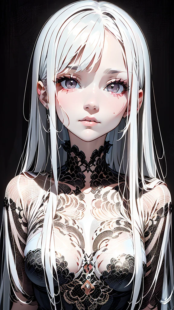 master piece:1.5、(minimal art, line drawing), woman、draw a picture with a pencil、Black and white art:1.2、lips are red、Black and white world、silence、An ennui look、Densely drawn