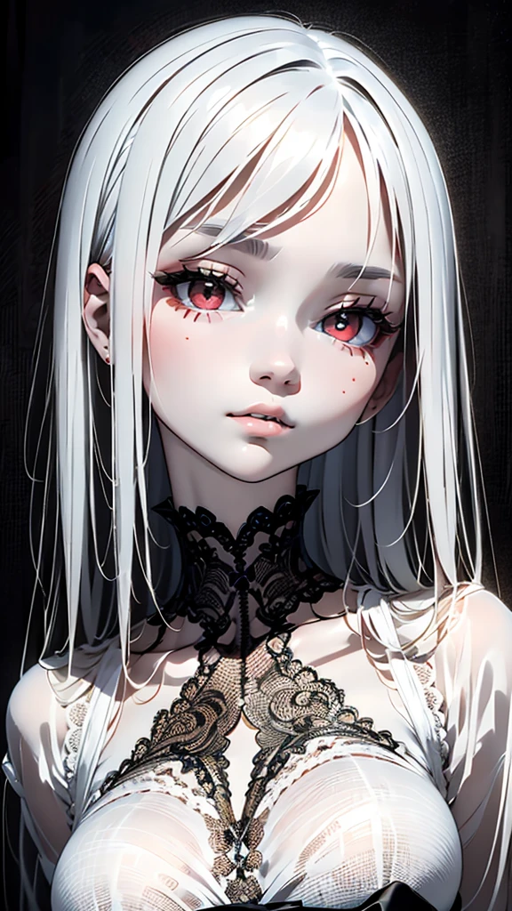 master piece:1.5、(minimal art, line drawing), woman、draw a picture with a pencil、Black and white art:1.2、lips are red、Black and white world、silence、An ennui look、Densely drawn