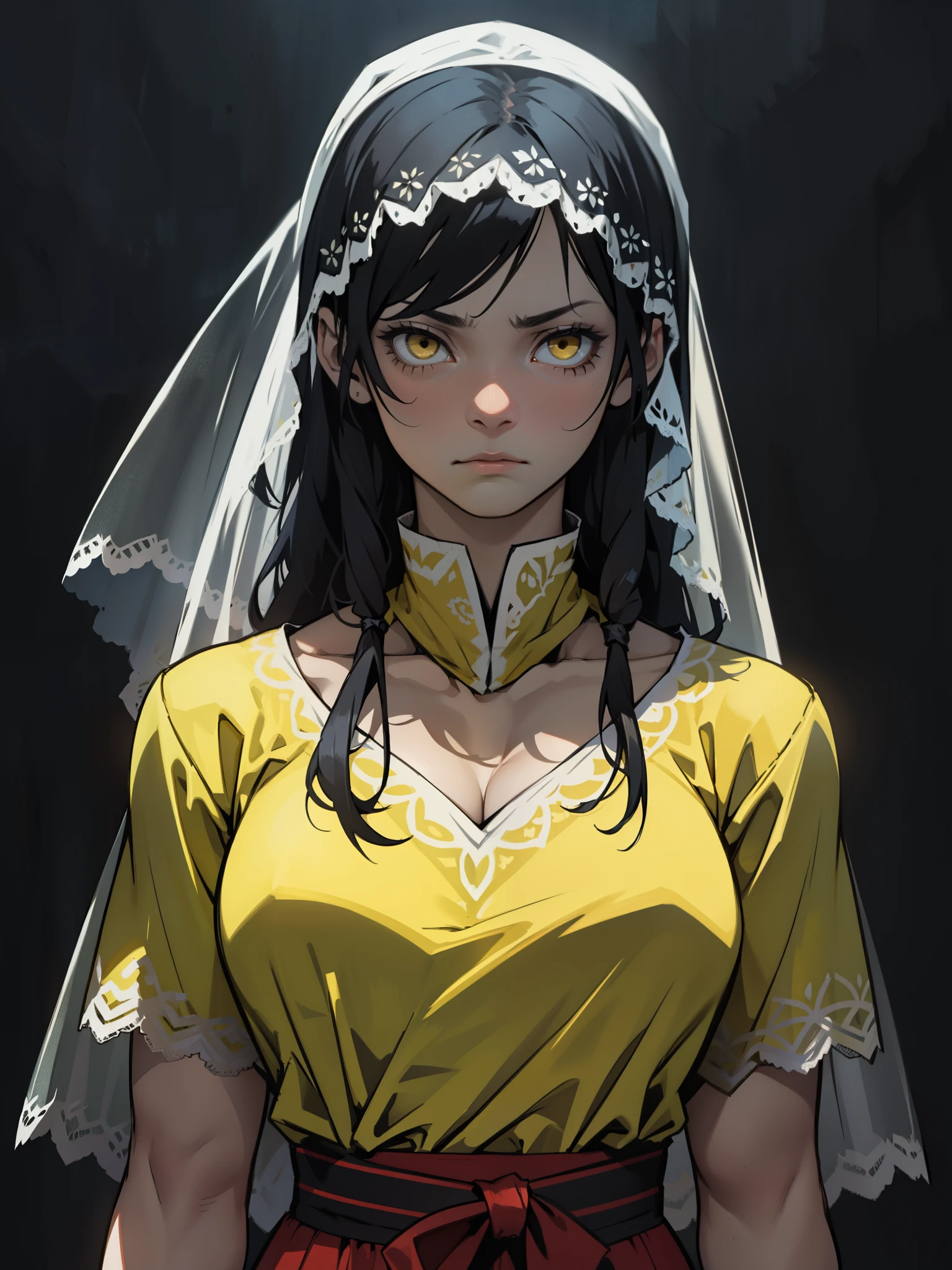 expressionless sad sad girl dark atmosphere veil black hair yellow eyes pale skin muscular girl large breasts traditional clothes lace fabric muscular toned body gloomy