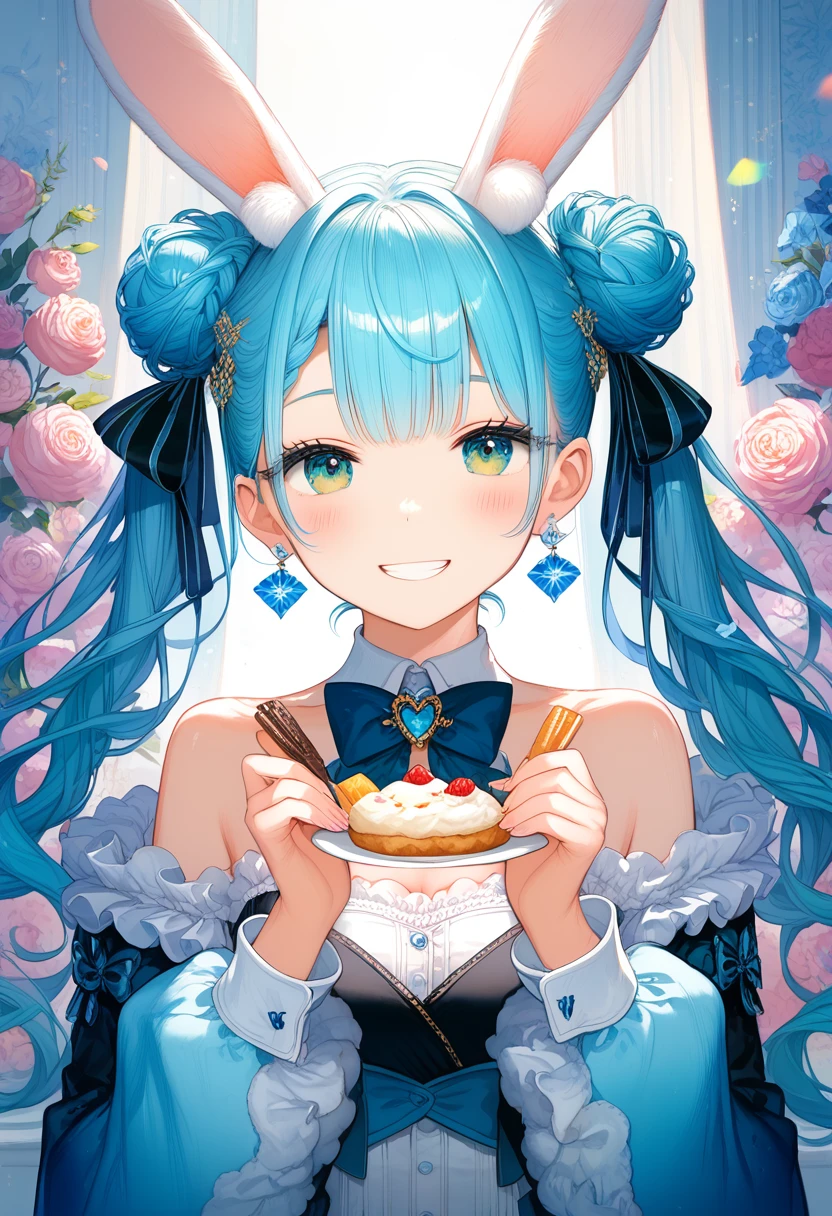 fluffy, soft ((Highest quality)), ( Very detailed, Best details, Official Art, Beauty and aesthetics: 1.2), Depth of the written border, composition, whole body, (a bit), (Beautiful and detailed: 1.3), (wonderful:1), Colorful clouds blurred background、Bunny Morphing Girl, fluffy, soft ((Highest quality)), ( Very detailed, Best details, Official Art, Beauty and aesthetics: 1.2), Depth of the written border, composition, whole body, (a bit), (Beautiful and detailed: 1.3), (wonderful:1), Colorful clouds blurred background,One girl, Beautiful girl with long light blue hair and twin tails, eating fluffy marshmallows, bright smile, white fluffy costume