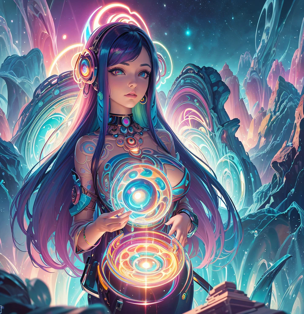 Close-up of a woman with colorful hair and a circular painting, Beeple and Jeremiah Kettner, Psychic Trance Artwork, Trippy Art, Visionary artistic style, Psychedelic Art style, Psychedelic Surreal Art, Psychedelic Art, Psychedelic Goddess, Colorful digital fantasy art, Psychedelic Artwork, Psychedelic Organic Cyborg, Psychedelic multicolor, DMT Color