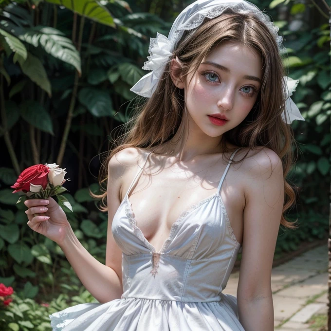 emily rudd,Whole body , in Alice in Wonderland , ultra realistic high quality image, (visible breasts, small breasts, vagina visible), beautiful face, White skin, Red lips, blue eyes, White dress, ta style, small breasts, visible breasts , short dress, carries a bouquet of red roses,