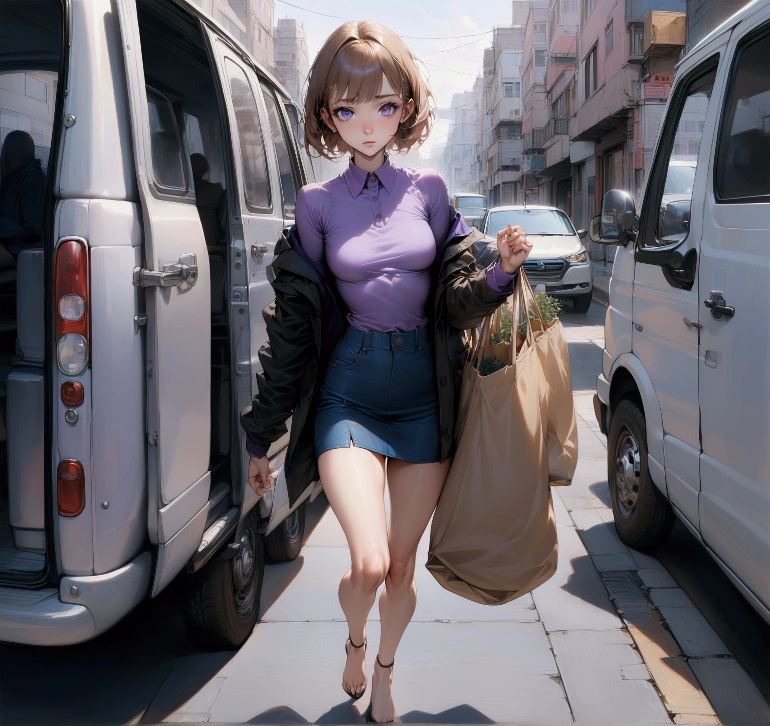 realistic anime of pretty young woman is getting out from a van, carrying bags, front view, looking at viewer, (brown pixie cut girl), (wearing black jacket, lavender polo shirt, prussian-blue denim pencil mini skirt), (1girl, solo, full body), (masterpiece, best quality, expressive eyes, perfect face, japanese anime style)