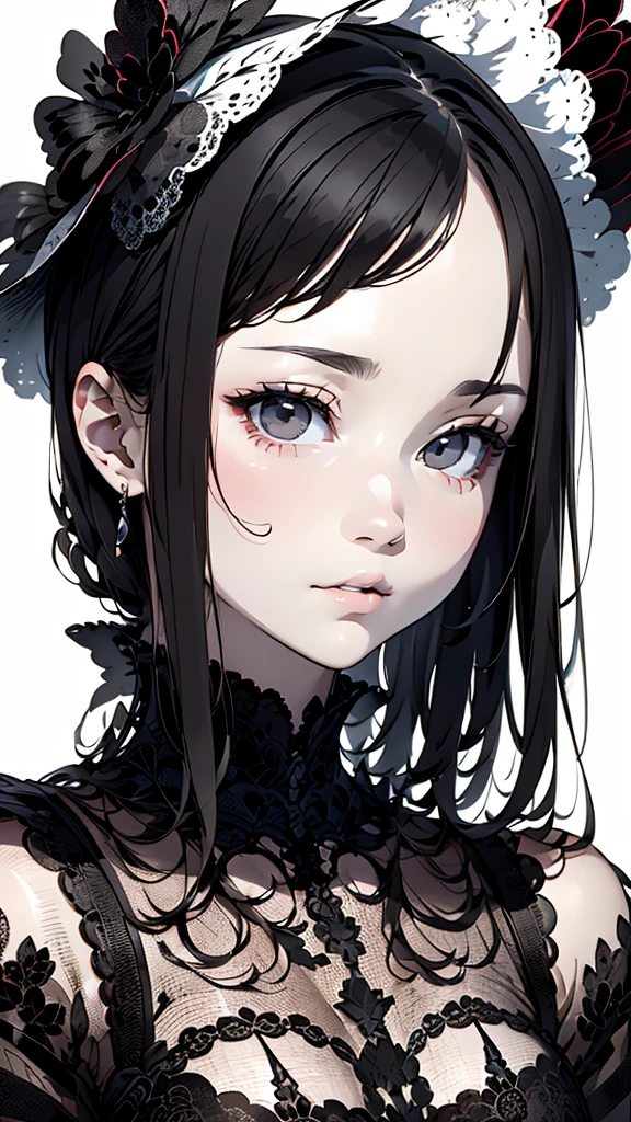 master piece:1.5、(minimal art, line drawing), woman、draw a picture with a pencil、Black and white art:1.2、lips are red、Black and white world、silence、An ennui look、Densely drawn