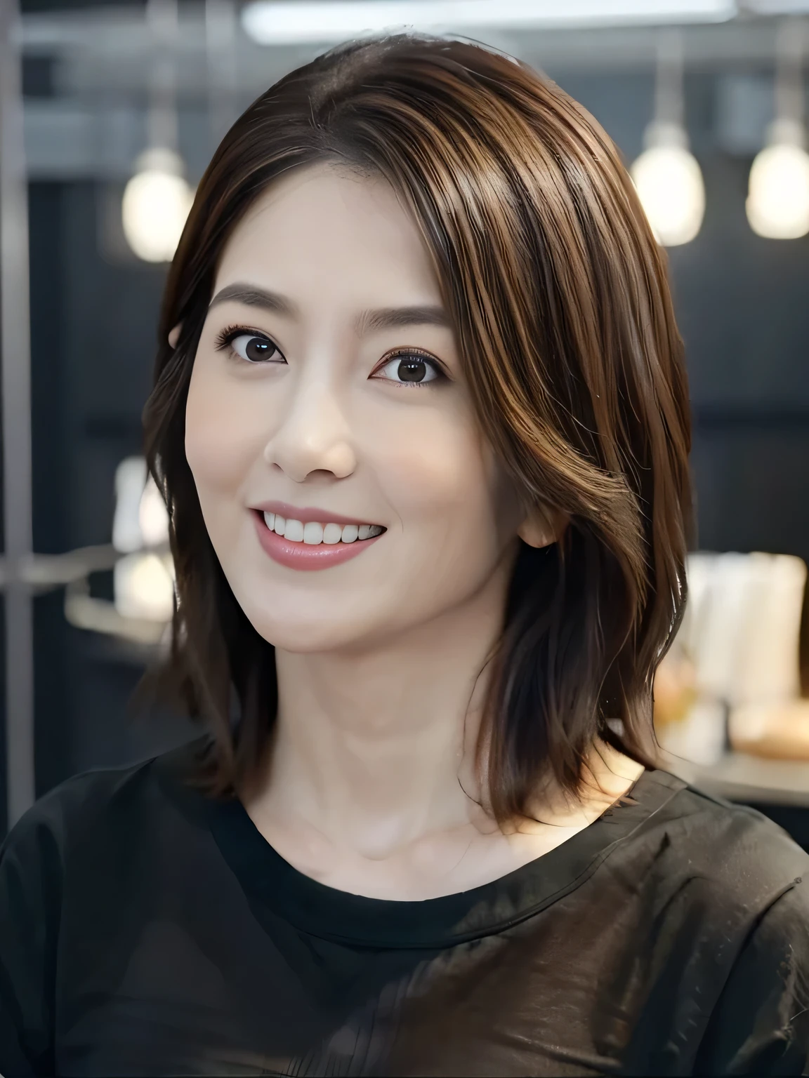 8k, RAW Photos, Highest quality, masterpiece, Facing the viewer、(A close-up photo focused on the face from the front:1.4)、One Japanese woman、28-year-old housewife、Bobcut、Perfect Makeup、Dark eyeliner、Red eyeshadow、Glossy dark pink lips、Big Laugh、Symmetrical eyes、Clear Eyes、Highly detailed eyes、Highly detailed face, Fine skin, (A tight plain T-shirt)、Sharp focus, Blurred Background、Shiny light brown hair、Perfect studio lighting、Watching the audience、