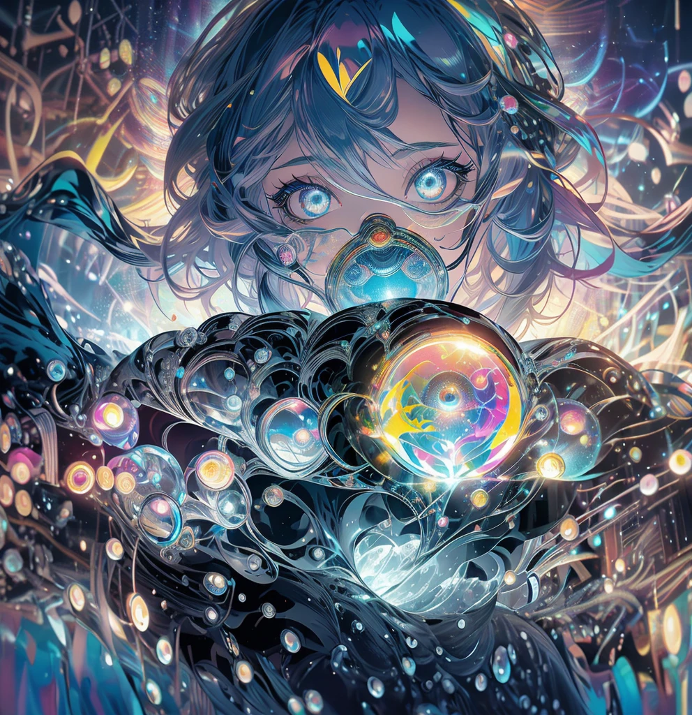Close-up of a woman with colorful hair and a circular painting, Beeple and Jeremiah Kettner, Psychic Trance Artwork, Trippy Art, Visionary artistic style, Psychedelic Art style, Psychedelic Surreal Art, Psychedelic Art, Psychedelic Goddess, Colorful digital fantasy art, Psychedelic Artwork, Psychedelic Organic Cyborg, Psychedelic multicolor, DMT Color、fortune teller、from the front