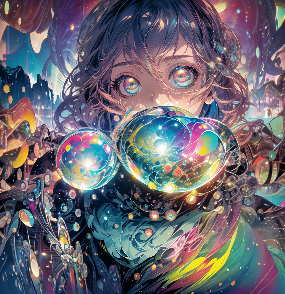 Close-up of a woman with colorful hair and a circular painting, Beeple and Jeremiah Kettner, Psychic Trance Artwork, Trippy Art, Visionary artistic style, Psychedelic Art style, Psychedelic Surreal Art, Psychedelic Art, Psychedelic Goddess, Colorful digital fantasy art, Psychedelic Artwork, Psychedelic Organic Cyborg, Psychedelic multicolor, DMT Color、fortune teller、from the front