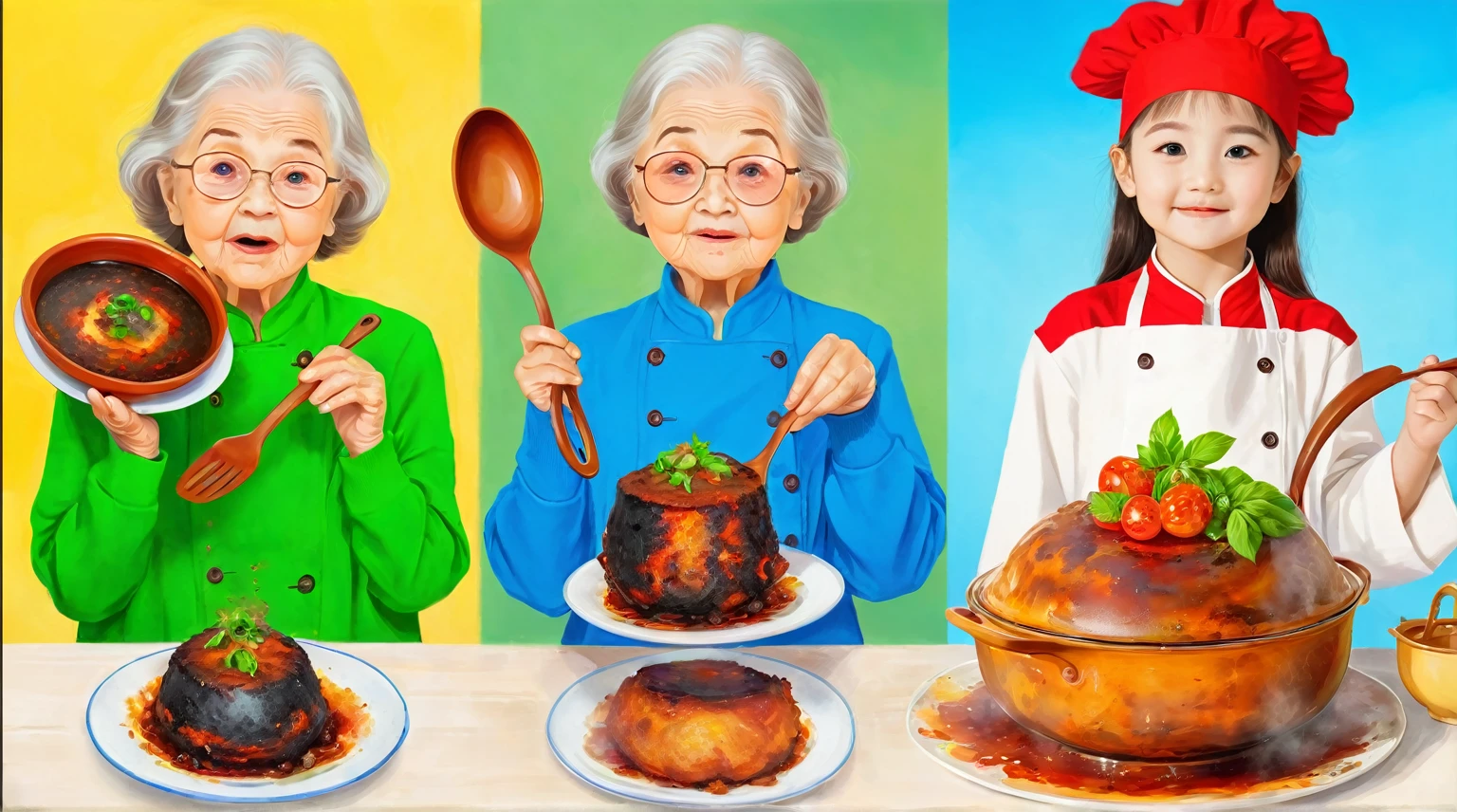 3 images in one, first image, grandson stands with a spoiled, burnt dish, the first image shows a spoiled dish, second image, grandma with homemade food, cute, child-friendly. cute блюдо, third image, cook with professional, unusual dish, elite dish digital painting