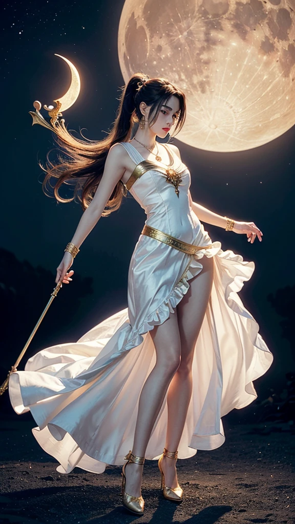 Sailor moon, princess serenity, pretty girl, masterpiece, Highest Quality, (Solo full body Focus), (Perfect face:1.1), (high detailing:1.1), (ultradetailed eyes), Dramatic, woman with pale skin and long voluminous gold hair, blue eyes, Solo, Long hair, Moon, Night, white luxury long drees with frills, Covered navel, Pouty lips, arrogant expression, rose garden, Detailed background, Art by Artgerm, Cinematic lighting, roses, Fashion, BalenciagaStyle, full body, long drees, magical girl, long gold hair with two high pony tail, full body details, two leg, two arm, holding moon staff, moon scepter, high heels, white dress, magical dress, hourglass figure, small nose, red lips, small nose, white skin, earrings, rings, necklace, bracelet, jewelry, full body details, long white dress with frills and gold details, gold details, on her forehead gold moon symbol, in her hands long moon Staff scepter, magical girl, sailormoon, long wavy gold hair with two high pony tail, on the dress frills, long moon Staff A little pretty , big breasts, realistic picture, white dress with frills, gold jewelry, gold details on the dress, hourglass figure, long dress with frill,
