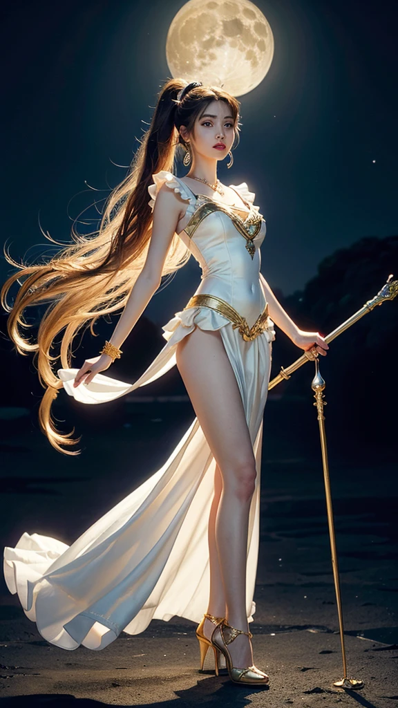 Sailor moon, princess serenity, pretty girl, masterpiece, Highest Quality, (Solo full body Focus), (Perfect face:1.1), (high detailing:1.1), (ultradetailed eyes), Dramatic, woman with pale skin and long voluminous gold hair, blue eyes, Solo, Long hair, Moon, Night, white luxury long drees with frills, Covered navel, Pouty lips, arrogant expression, rose garden, Detailed background, Art by Artgerm, Cinematic lighting, roses, Fashion, BalenciagaStyle, full body, long drees, magical girl, long gold hair with two high pony tail, full body details, two leg, two arm, holding moon staff, moon scepter, high heels, white dress, magical dress, hourglass figure, small nose, red lips, small nose, white skin, earrings, rings, necklace, bracelet, jewelry, full body details, long white dress with frills and gold details, gold details, on her forehead gold moon symbol, in her hands long moon Staff scepter, magical girl, sailormoon, long wavy gold hair with two high pony tail, on the dress frills, long moon Staff A little pretty , big breasts, realistic picture, white dress with frills, gold jewelry, gold details on the dress, hourglass figure, long dress with frill,