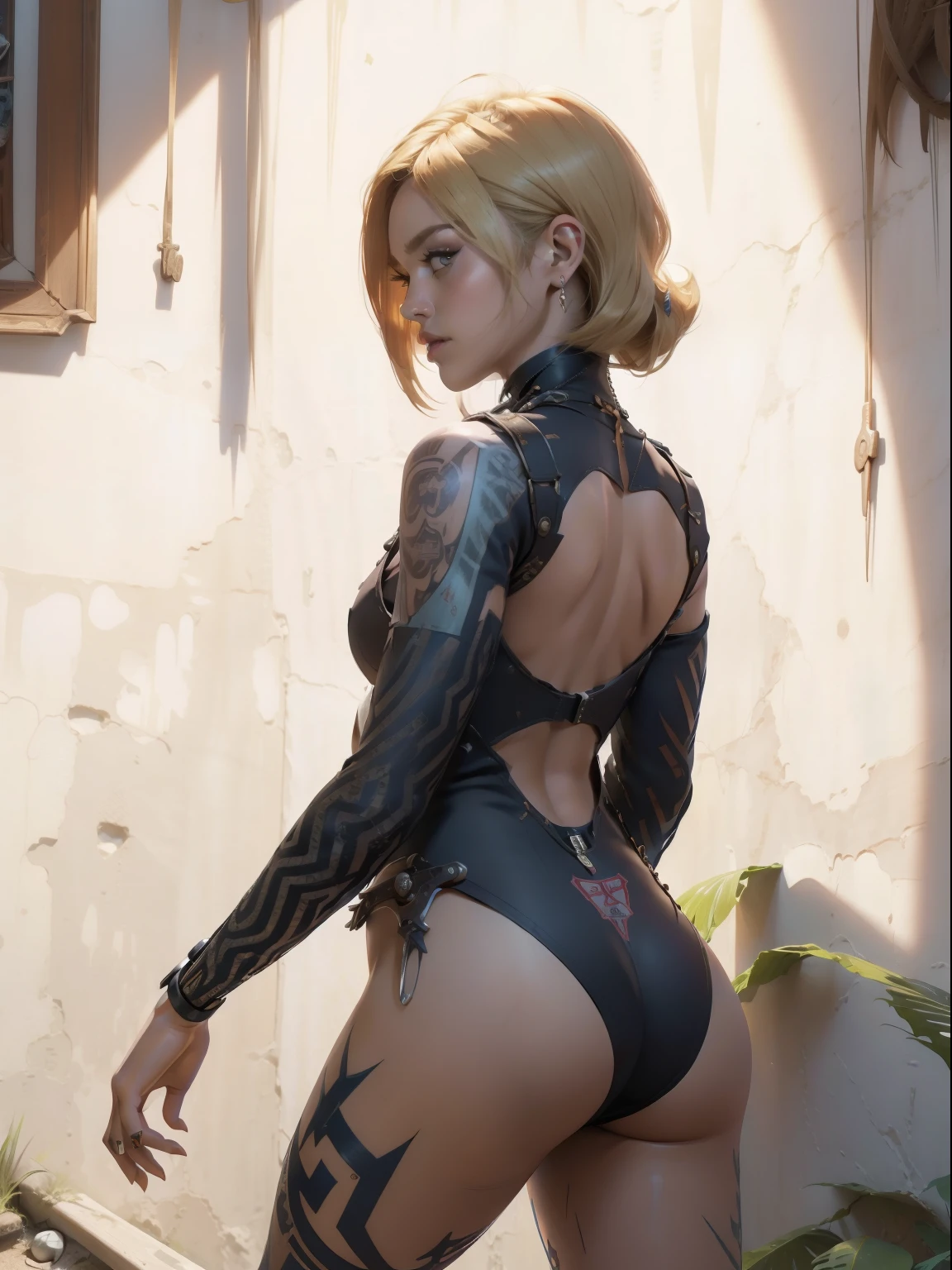 (((Miss))), (((Better quality))), (((Original Work))), (((aldult))), (((1 Girl))), ((( Coastline ))), ((( Bob Hairstyle ))), Uma gladiadora cyberpunk Miss de 25 anos com corpo perfeito, ((( Rear view ))), ((( butt ))), Shoulder pads with metal ridges, Brooklyn Gladiators, (( Bob Hairstyle )), Small skin, Torn Rugby Time T-Shirt, Simon Beasley (Simon Bisley) Almost naked《heavy metal》Magazine cover shoot,Show wild urban style, Blonde short hair, Minimal clothing, A metal brace with an intricate pattern on the left arm, Dark Red,With white stars and white and navy checkerboard pattern, armor, Full of spikes and rivets, (((From the knee up))), 白色Blonde short hair, The wall in the background was painted by Shepard Fairey,Complex design