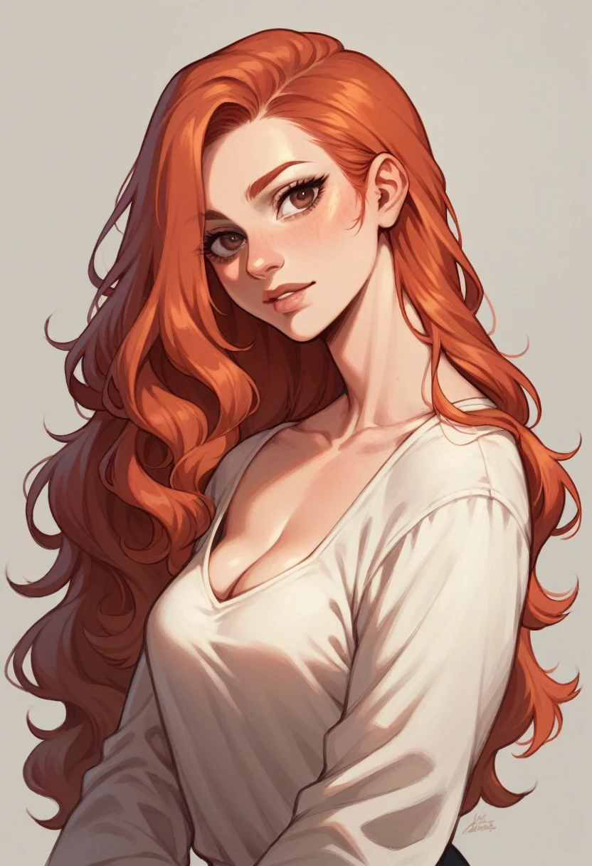 beautiful redhead girl with long hair and brown eyes