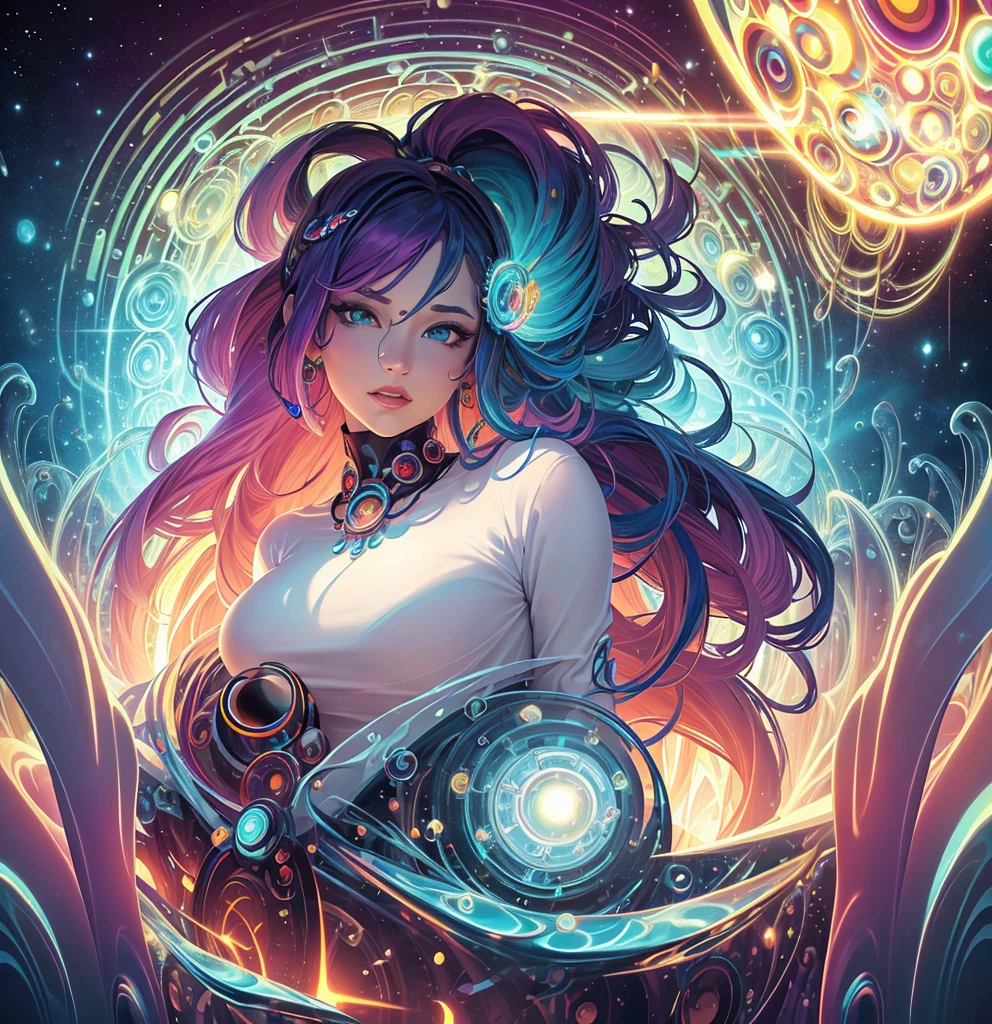 Close-up of a woman with colorful hair and a circular painting, Beeple and Jeremiah Kettner, Psychic Trance Artwork, Trippy Art, Visionary artistic style, Psychedelic Art style, Psychedelic Surreal Art, Psychedelic Art, Psychedelic Goddess, Colorful digital fantasy art, Psychedelic Artwork, Psychedelic Organic Cyborg, Psychedelic multicolor, DMT Color、fortune teller、from the front