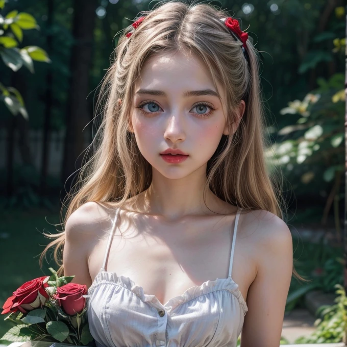 emily rudd, ultra realistic high quality image, Alice in Wonderland, visible breasts, small breasts, vagina visible, beautiful face, White skin, Red lips, blue eyes, White dress, Lolita style, small breasts, visible breasts , short dress, carries a bouquet of red roses,