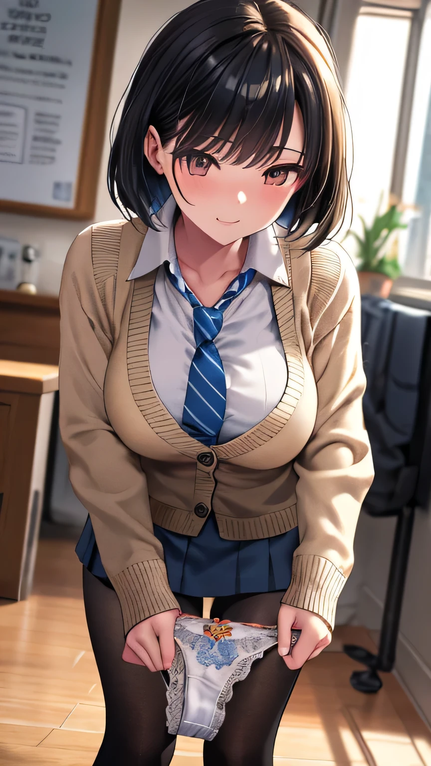 (Very detailed CG Unity 8K 壁紙),(masterpiece), (Highest quality), (Very detailed), (Best illustrations),(Best Shadow), Large Breasts,16 years old,Leaning forward、White blouse,Blue tie,Checked mini skirt（With white panties、Showing your audience）,beige cardigan,Dynamic Angle