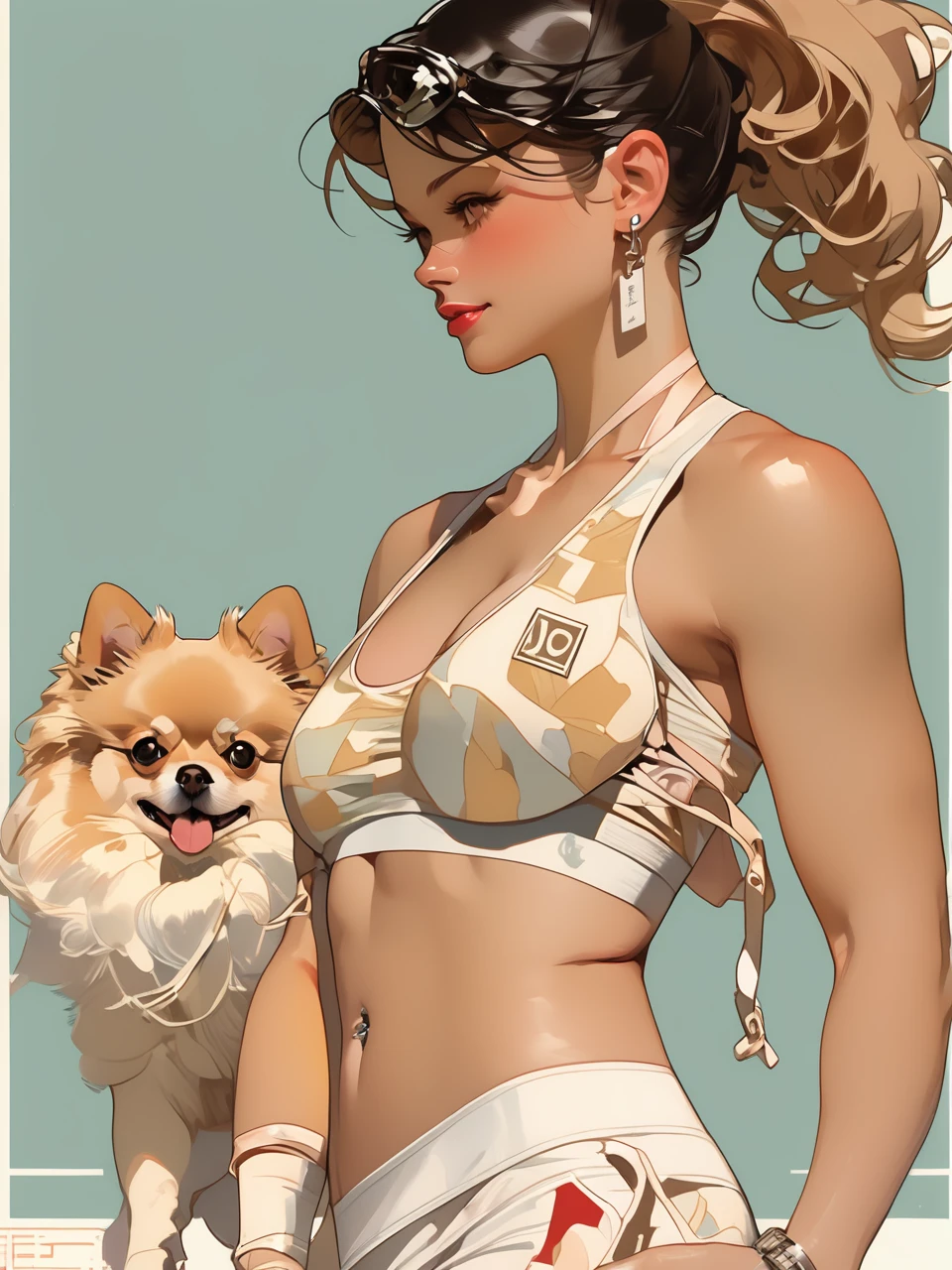 Sexy athlete in sport bra walking with a Pomeranian. Style by J.C. Leyendecker. 