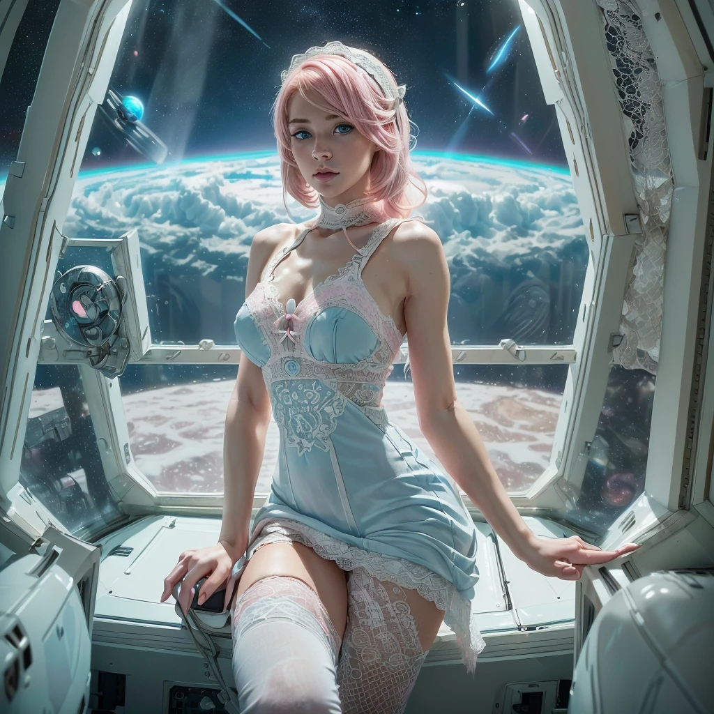 ultra realistic professional full body camera (((2girls one pink hair the second blond hair dining in spaceship and wearing white Lace dress, ))) (photo 1028k qhd) by (James C. Christensen:1.2|Jeremy Lipking:1.1), (Dittmann Anna:0.3), (jiner:0.3), (mise au point nette:1.3) lndswgnr,High detail, instagram top model,blonde hair, beautiful detailed baby blue eyes, k eyes,(eye (eye makeup: 1.2) sleeping Pose of the Instagram model, perfect button nose, attractive lip shape has an upper-to-lower lip ratio of 1:2, perfect ivory skin confiant, (((anatomycally perfect 25 old ladie hand,finger, nail))),fille en forme Fille maigre et sexy, breast:1.2, anatomie parfaite, Perfect symmetry:1.2, Realstic position, realistic and gorgeous face:1.2, perfect face, highly detailled, happy, confident, ighting cinematic, Lighting scene, soft lights, instagram standing pose (((baby blue eyes,, Fille maigre et sexy, breast:1.2 perfect charming face, attractive lip and nose, ((((masterpiece)))、(((Top image quality)))、(((top-quality)))、(Illustration of two woman)、full body、((25-years old))pink-haired and blonde shorthair、(Thin hair hanging down both sides of the face)、Blue eyes、(((neuter)))、((Tall))、(((Muscular and strong body)))、((muscular and thick armuscular and thick leganspreading)))、opening legilitary uniforms))、、(white clothes)、(White pants)、(White cap)、trench coat、((Inside the spaceship、Sitting in the captain's seat))、(Outside the window、kosmos、Earth seen from space、Spaceport)