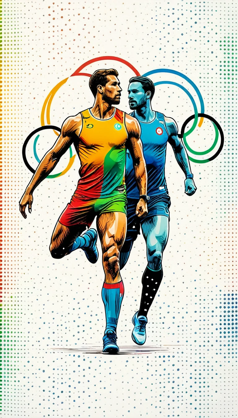 a couple of olympic athletes, minimalist ink art, simple line art, colorful dot background, logo, (best quality,4k,8k,highres,masterpiece:1.2),ultra-detailed,(realistic,photorealistic,photo-realistic:1.37),minimalist,elegant,dynamic pose,dynamic composition,olympic symbol,sports,vibrant colors,bold lines,abstract background