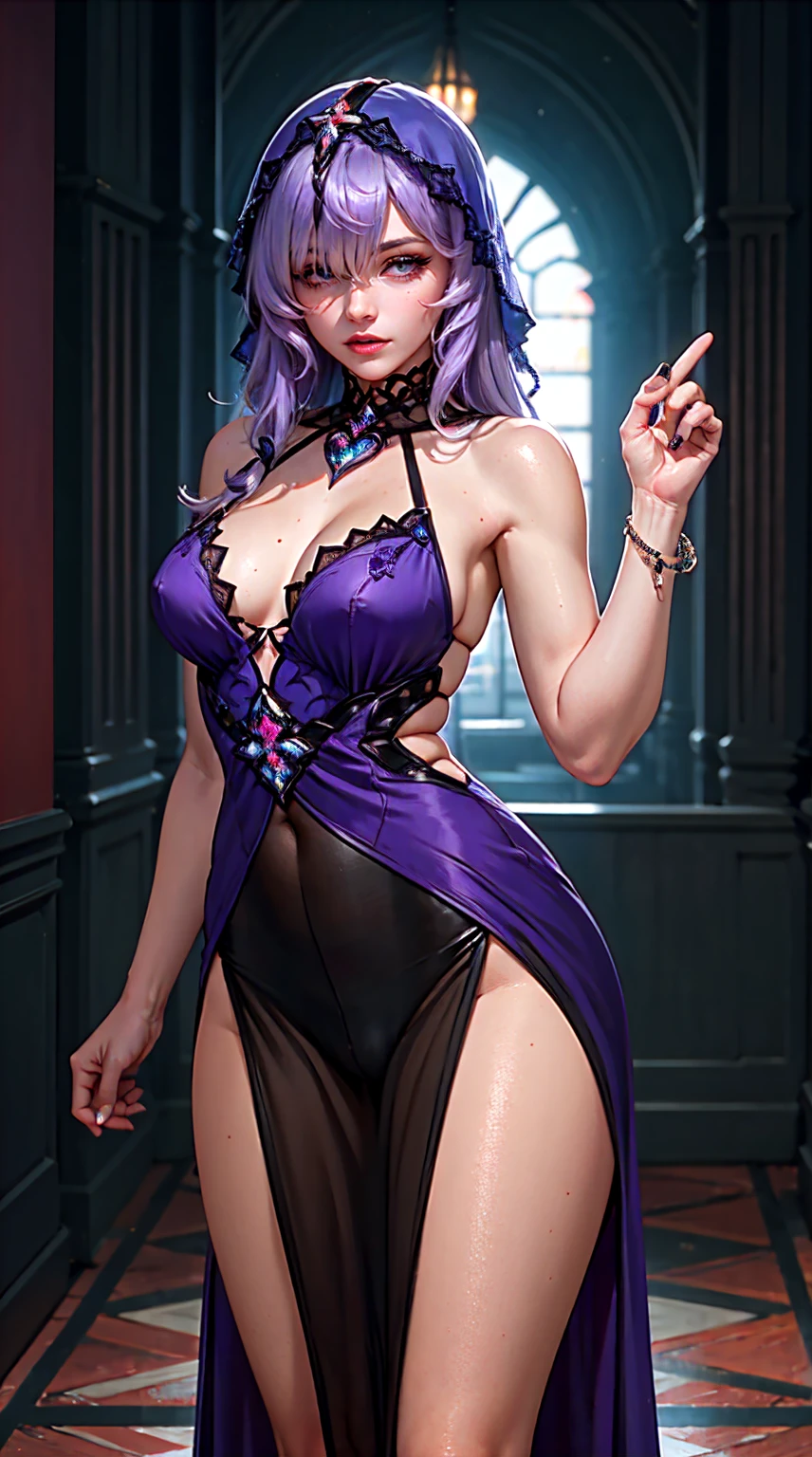 Beautiful purple hair woman is shown to have a slender figure. She is wearing a  beautiful dress, jewelry , hair over one eye, has purple cat eyes, Girl standing in a gala ballroom, sexy session, putting her hands on her waist, poseing, cowboy shot, superior quality, many details, realistic