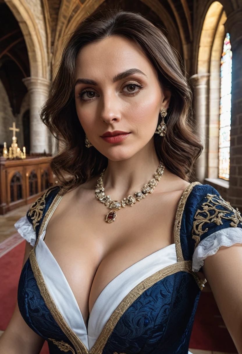 Mrs Dimitrescu takes realistic cleavage selfie in castle,Wearing elegant large church attire, High detail skin texture