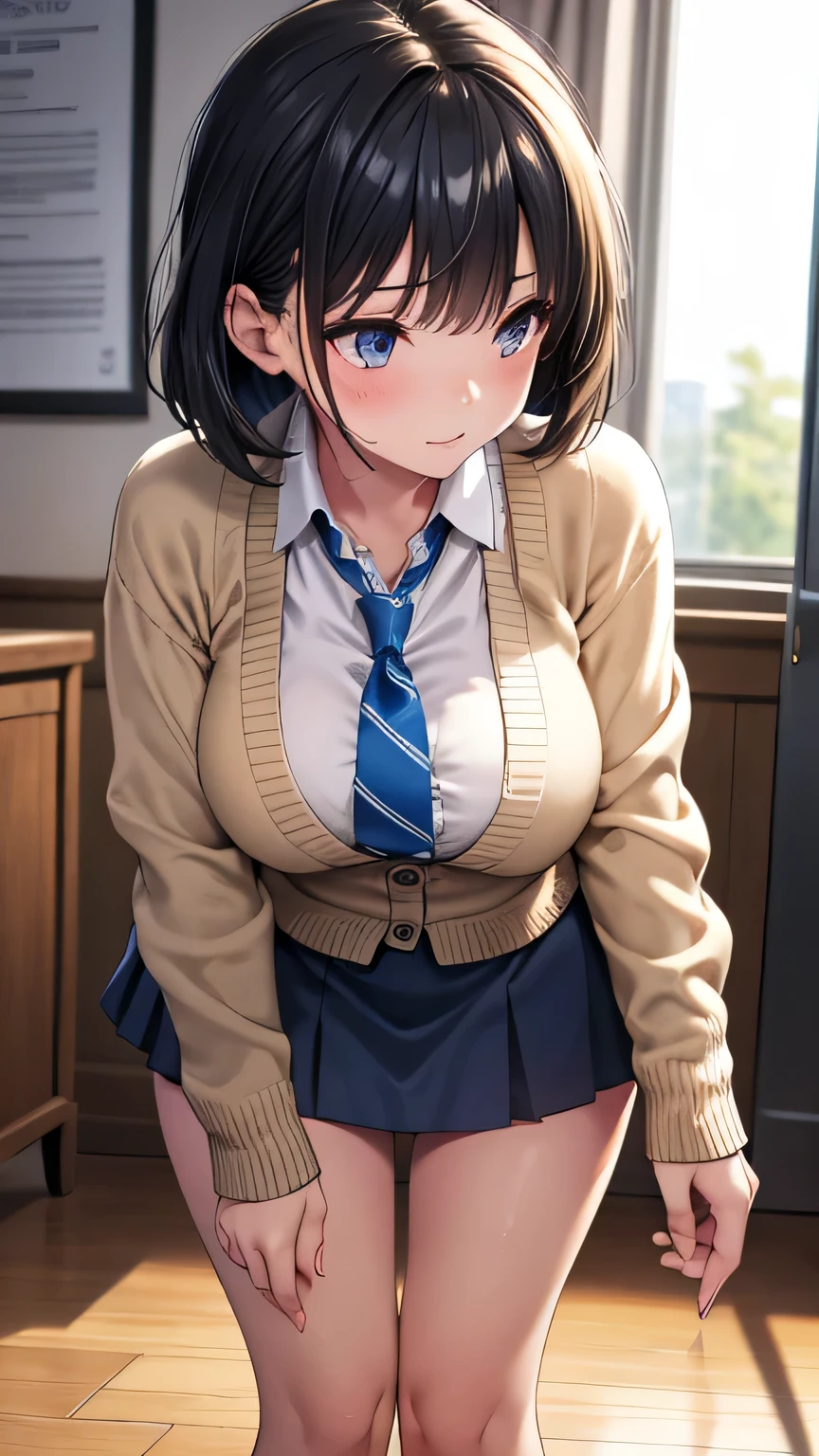 (Very detailed CG Unity 8K 壁紙),(masterpiece), (Highest quality), (Very detailed), (Best illustrations),(Best Shadow), Large Breasts,,Leaning forward、White blouse,Blue tie,Checked mini skirt（With white panties、Showing your audience）,beige cardigan,Dynamic Angle